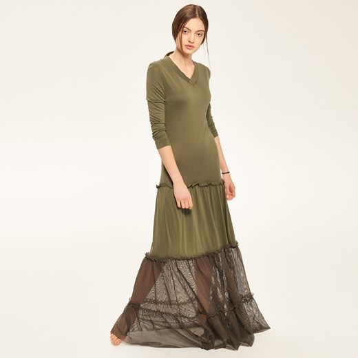Reserved - Długa sukienka z koronkowym dołem - Zielony brazowy Reserved L 
