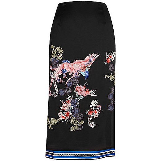 Black oriental print midi skirt 