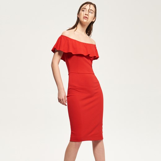 Reserved - Sukienka z falbaną przy dekolcie - Czerwony pomaranczowy Reserved L 