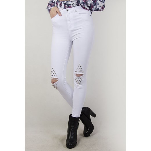 Białe spodnie skinny jeans z ćwiekami i dziurami szary XS olika.com.pl