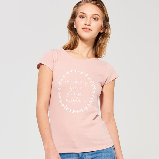Sinsay - T-shirt z cytatem - Różowy bezowy Sinsay XL 