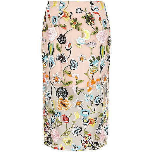 Pink floral embroidered midi pencil skirt 