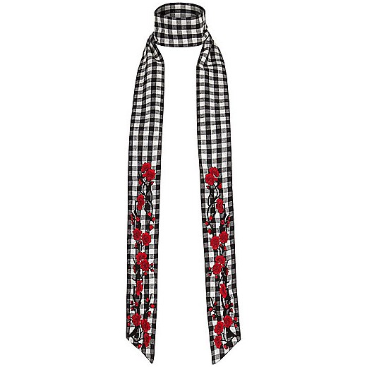 Black and white floral gingham skinny scarf   River Island  
