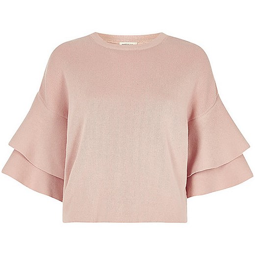 Light pink knit double frill sleeve top  szary River Island  