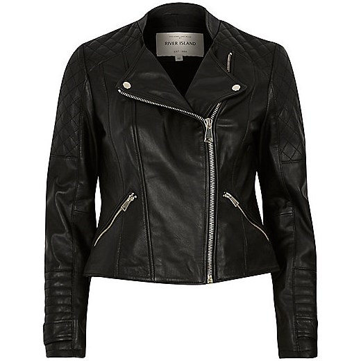 Black leather quilted collarless biker jacket  czarny River Island  