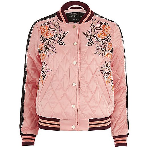 Pink floral embroidered quilted bomber jacket  rozowy River Island  