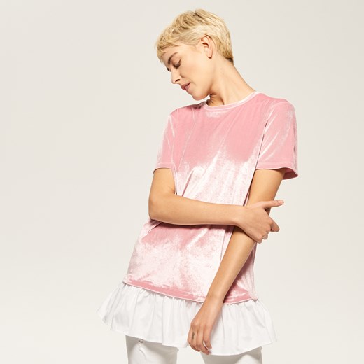 Reserved - Aksamitny t-shirt z koszulowym dołem - Różowy  Reserved 40 