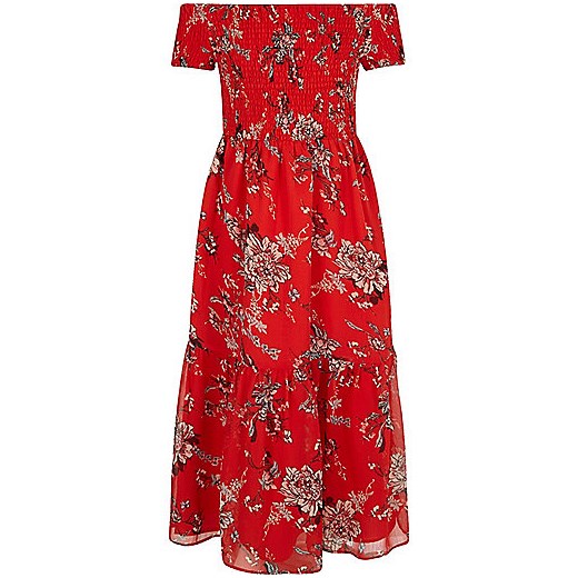 Girls red floral print rouched maxi dress  River Island   