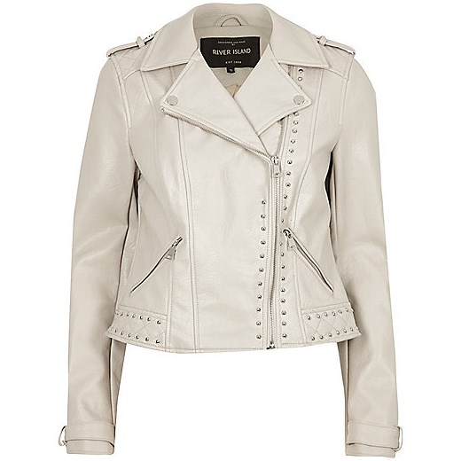Cream faux leather studded biker jacket 