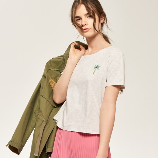 Reserved - T-shirt z wyszywanym flamingiem - Szary Reserved bezowy S