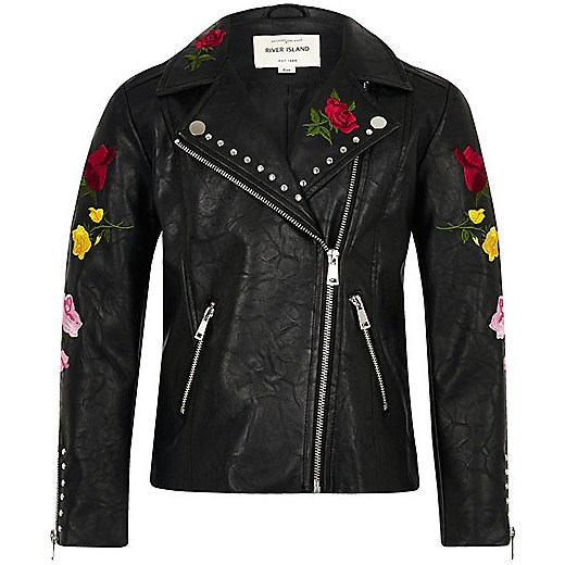 Girls black floral embroidered biker jacket  River Island czarny  