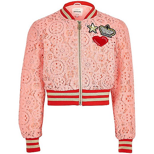 Girls pink lace cropped bomber jacket  rozowy River Island  