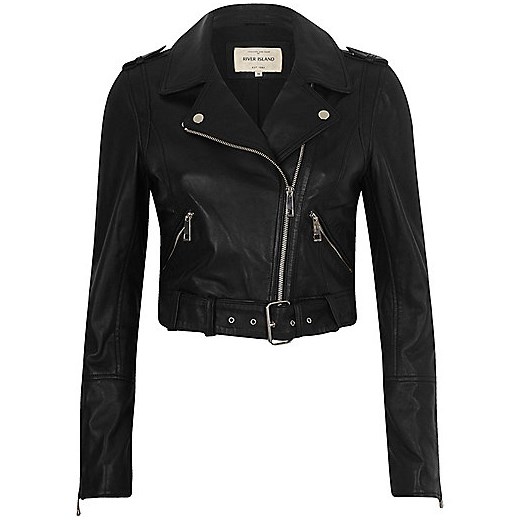 Black leather belted biker jacket  czarny River Island  