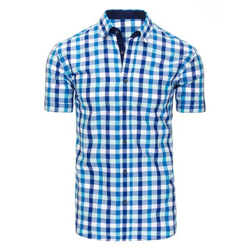 Niebiesko-turkusowa koszula męska w kratę z krótkim rękawem (kx0762)  Dstreet 3XL 