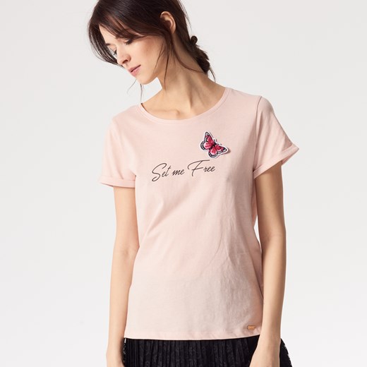 Mohito - Bawełniana koszulka z aplikacją - Różowy Mohito bezowy L 