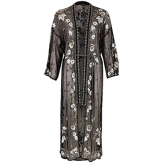 Black mesh sequin embellished longline kimono 