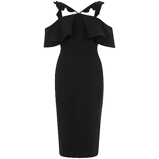 Black frill cross neck bodycon midi dress  River Island   