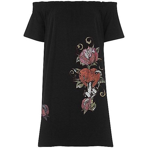 Black floral heart oversized bardot T-shirt 