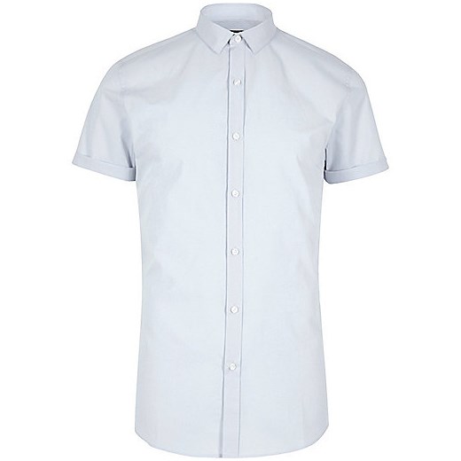 Blue micro collar short sleeve slim fit shirt   River Island  