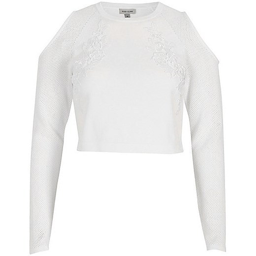 White knit cold shoulder long sleeve crop top 