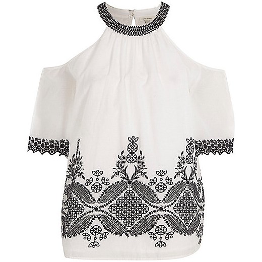White high neck cold shoulder embroidered top 