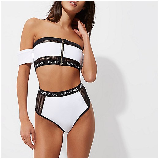 White mesh zip front bardot bikini top 
