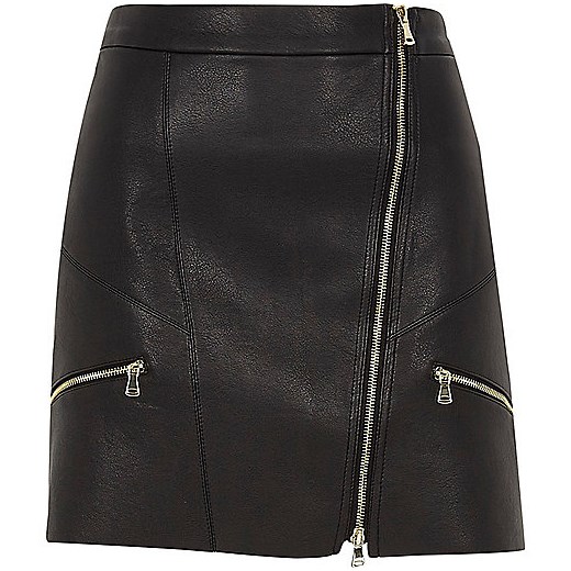 Black faux leather zip front mini skirt  River Island   