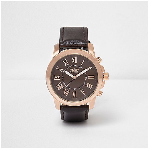Brown rose gold tone contrast watch   River Island  