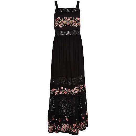 Black floral embroidered tiered maxi dress   River Island  