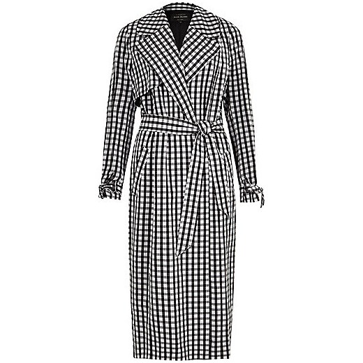Black gingham check belted trench coat 
