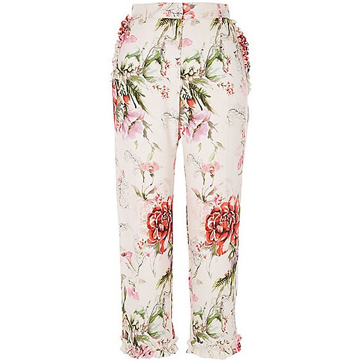 Pink floral cropped straight leg trousers 