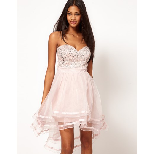 Sukienka Lipsy VIP Bandeau Light Pink Hi Lo Skirt pandzior-pl-new-vogue elastan
