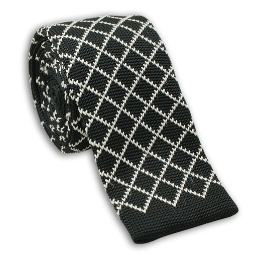 Dziergany Krawat Męski Knit w Białą Kratkę, Romby - 5,5 cm - Alties, Czarny KRALTS0081