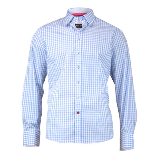 Męska, Taliowana Koszula w Kratkę VICHY - Paul Bright, Biało-Niebieska  KSDWPBR0055