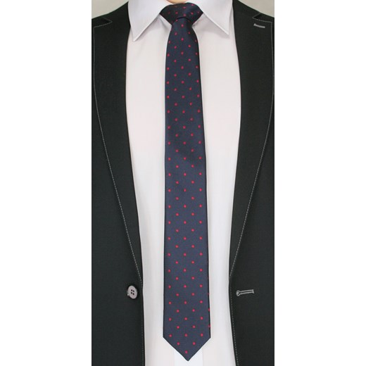 Krawat Męski w Czerwone Groszki - 6 cm - Angelo di Monti, Granatowy  KRADM1263