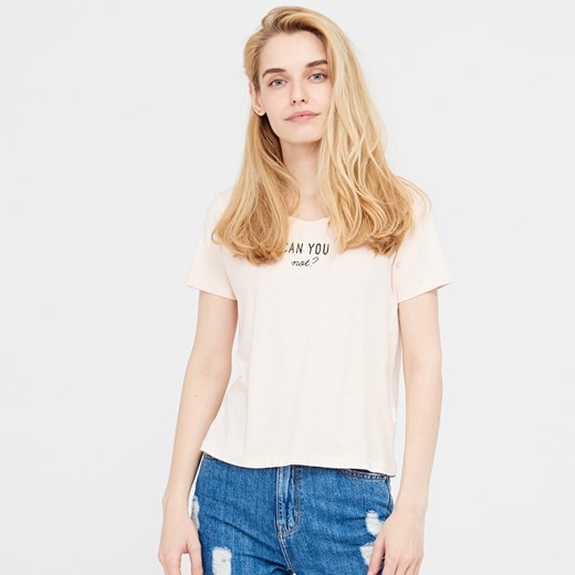 Cropp - T-shirt z nadrukiem - Różowy Cropp bialy L 