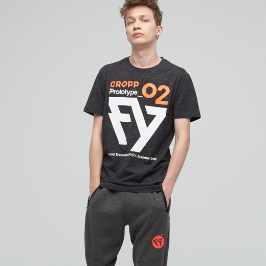 Cropp - Bawełniany t-shirt z dużym nadrukiem - Czarny bezowy Cropp L 