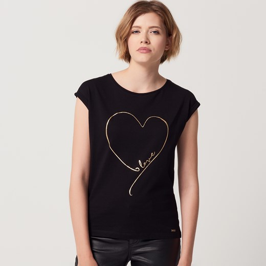 Mohito - Bawełniana koszulka z nadrukiem serca - Czarny