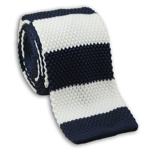 Dziergany Krawat Męski Knit, Poprzeczne Pasy -5,5cm- Chattier, Granatowo-Biały KRCH0919