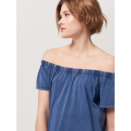 Mohito - Bawełniana bluzka z prostym dekoltem - Niebieski