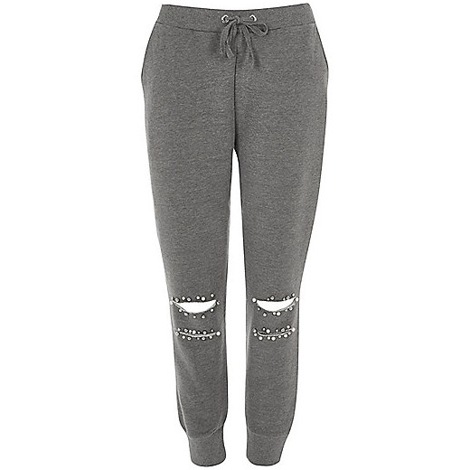 Grey faux pearl ripped knee joggers 