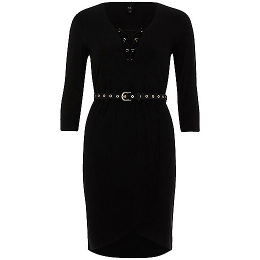 Black lace-up front belted bodycon dress 