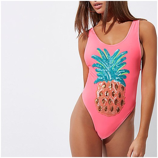 Pink pineapple sequin high leg swimsuit 