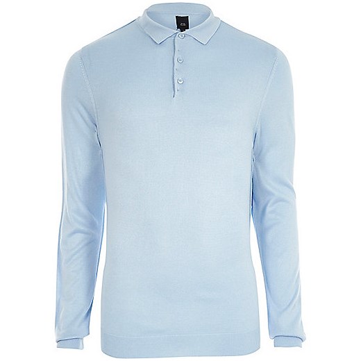 Blue knitted long sleeve slim fit polo shirt 
