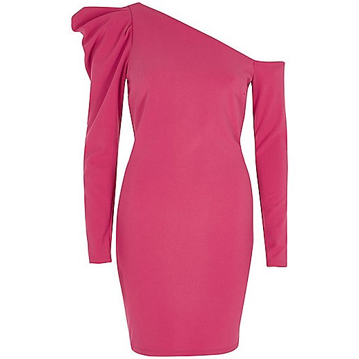 Pink one shoulder puff sleeve bodycon dress   River Island  