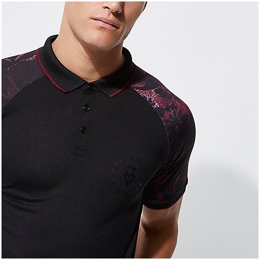 Black printed raglan muscle fit polo shirt   River Island  