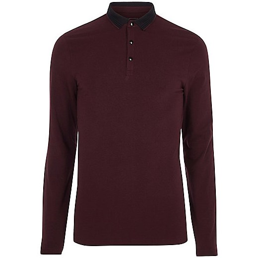 Dark red muscle fit long sleeve polo shirt   River Island  