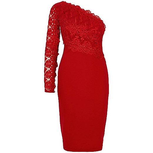Dark red lace one shoulder bodycon dress  River Island   