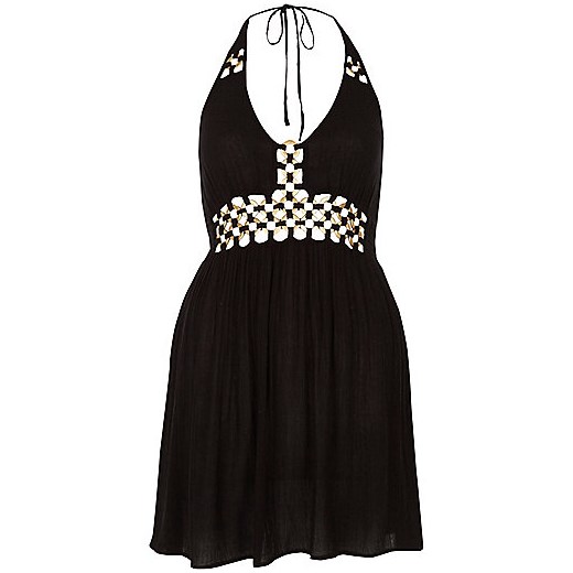 Black ring front halter mini beach dress 