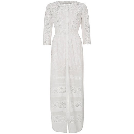 White lace panel embroidered maxi shirt dress 